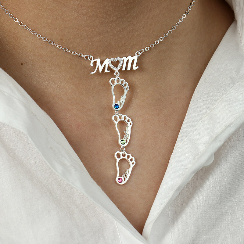 Personalized 1-8 Footprint Name Necklace With Birthstones