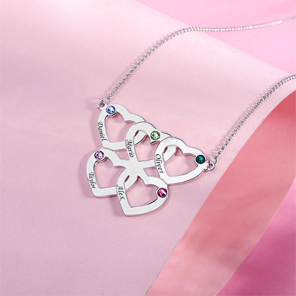 Valentine's Day Gift Engraved 1-5 Intertwined Hearts Birthstones Sterling Silver Necklace