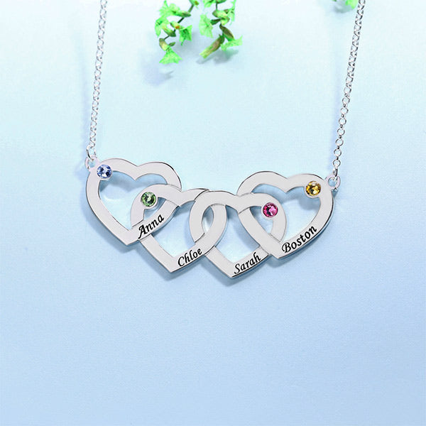 Valentine's Day Gift Engraved 1-5 Intertwined Hearts Birthstones Sterling Silver Necklace
