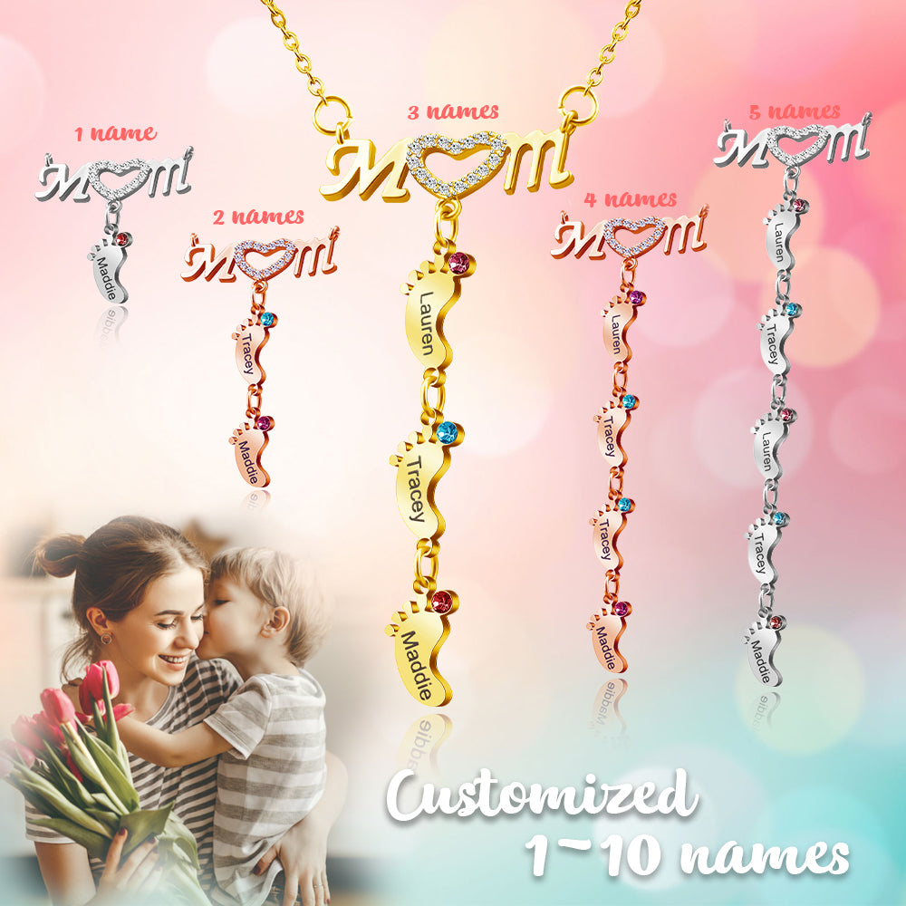 Personalized Mom BabyFeet Name Birthstones Necklace With Charms Pendants