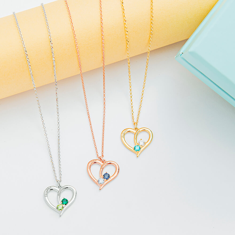 2 Names And Birthstones Heart Necklace