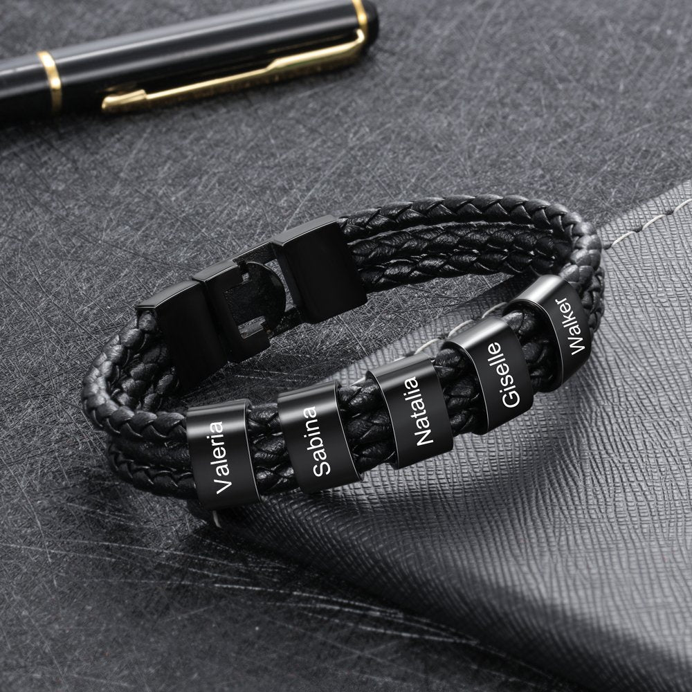 Personalized Braided Leather Bracelet Engraved Names Men's Bracelet Gifts For Him