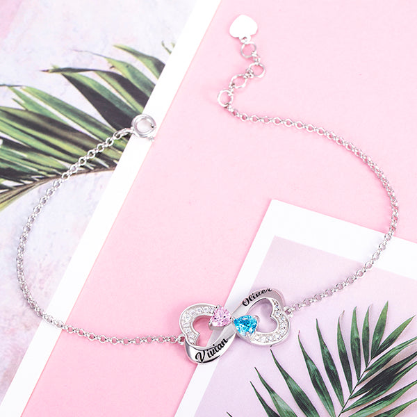 Personalized bracelet with multiple hearts and birthstone