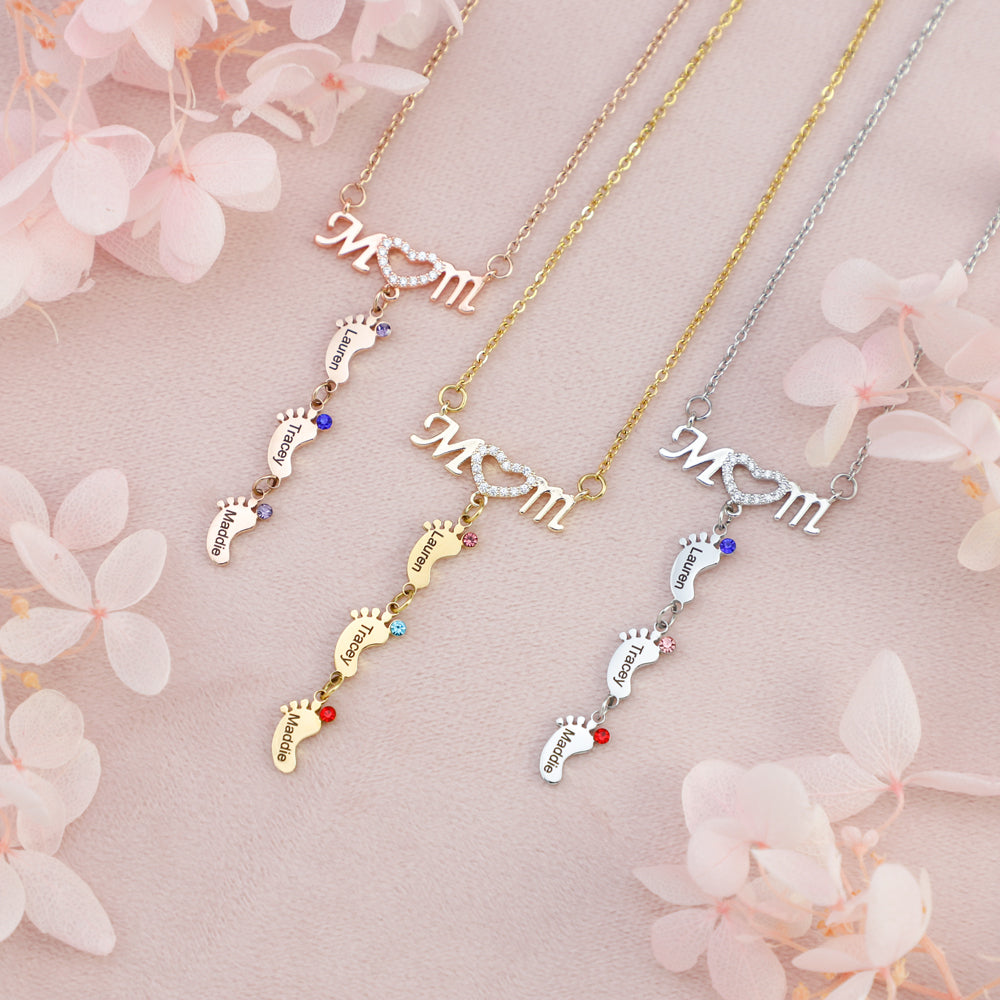 Personalized Mom BabyFeet Name Birthstones Necklace With Charms Pendants