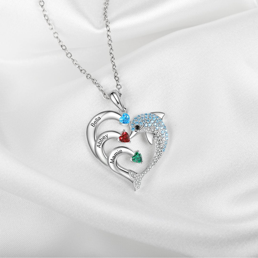 Personalized Heart Dolphin Necklace Custom 2 Birthstones Necklace for Her