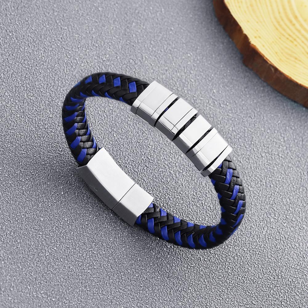 Father's Day Gift Personalized Blue and Black Braided Leather Bracelet with custom beads
