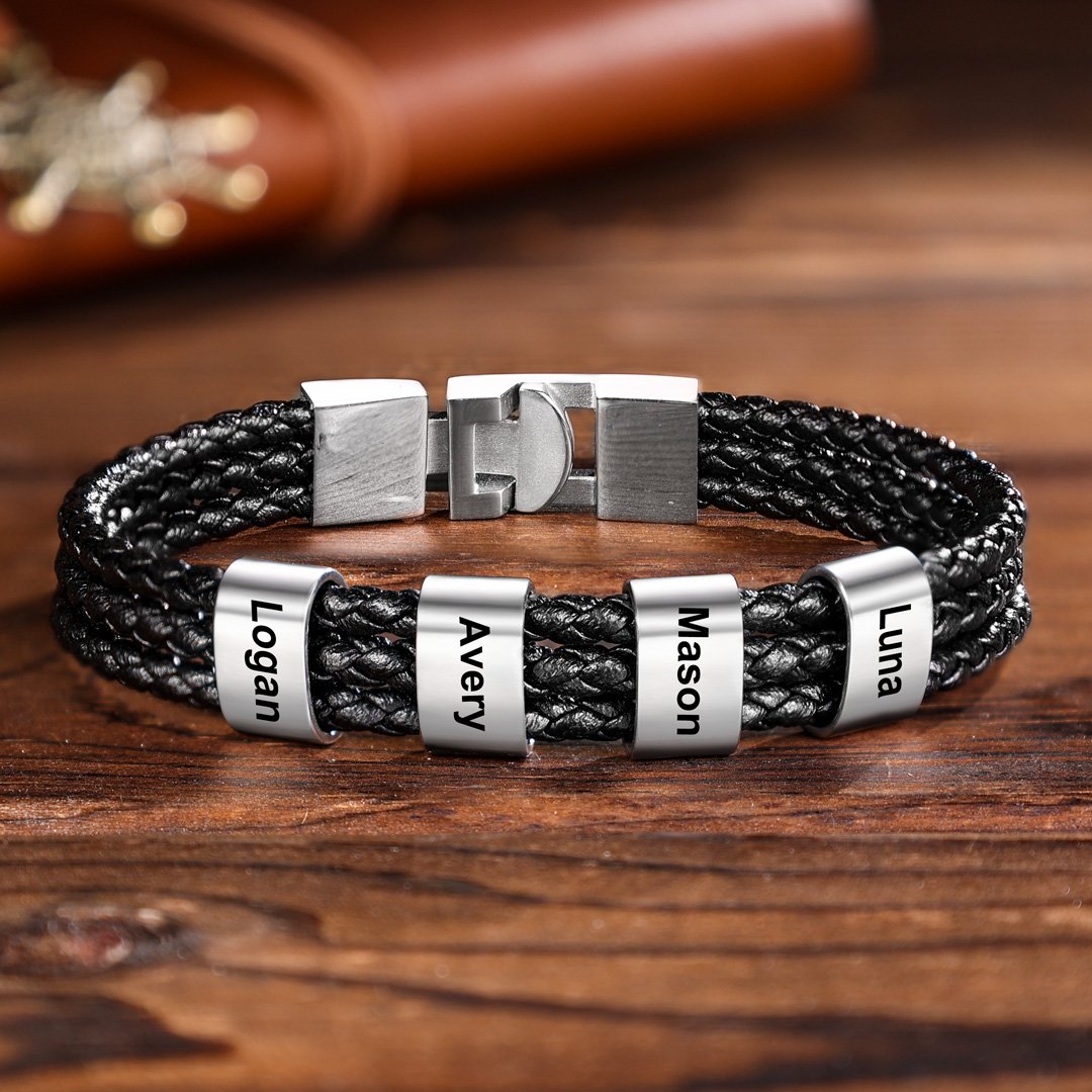 Personalized Braided Leather Bracelet Engraved Names Men's Bracelet Gifts For Him