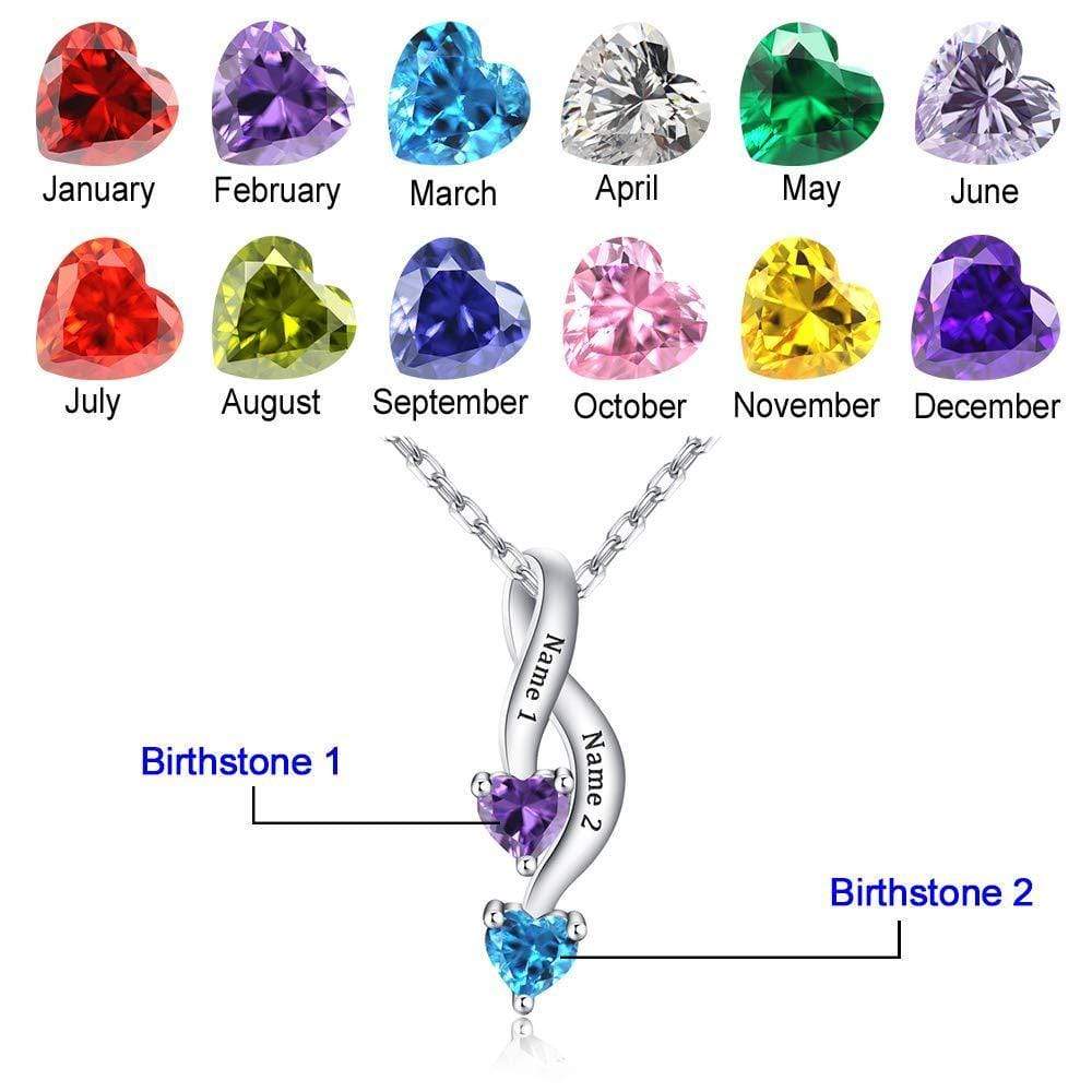 Valentine's Day Gift Personalized Couple 2 Names 2 Heart Birthstones Infinity Promise Pendant Necklace